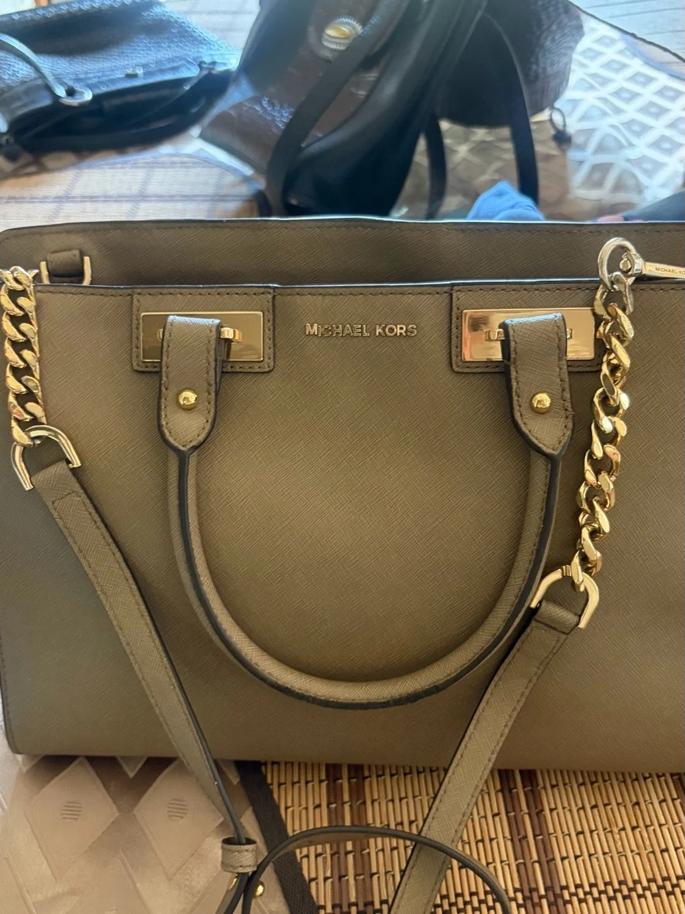 MICHAEL Michael Kors Olive Green Saffiano Satchel with Gold Chain
